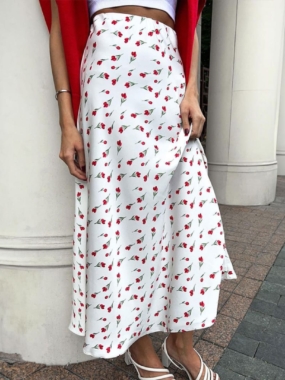 White Long Skirt with Floral Print