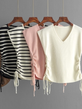 V-Collar Knit Top with Side Ropes