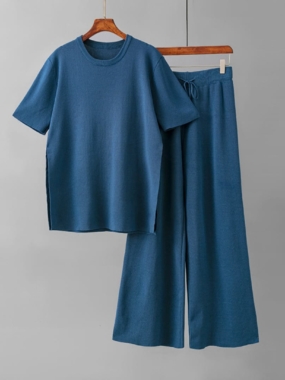 Classic Knit Crew Tee Top with Wide Leg Loose Pants