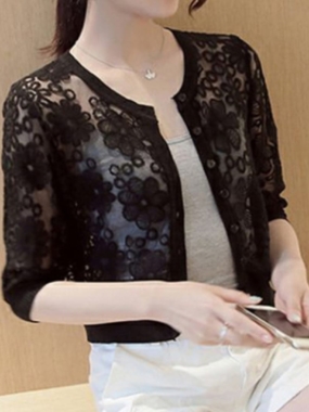 Lace Sheer Short Puff Sleeve Jacket