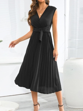 Belted Sleeveless Chiffon Pleated Midi Dress