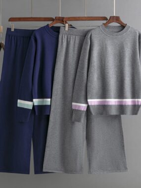 Round Neck Casual Knit Set with Stripe