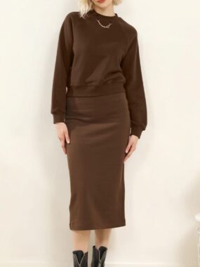 Tone-on-tone Elastic Waist Skirt with Matching Long Sleeve