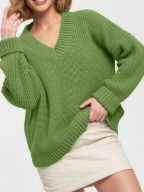 Long Sleeve Oversized V-neck Ribbed Sweater