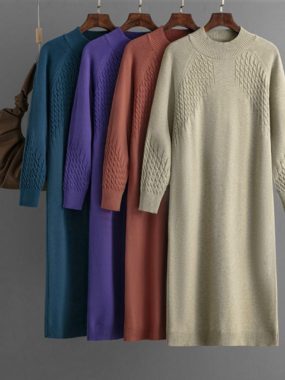 Long Sleeve O-neck Solid Patterned Sweater Dress