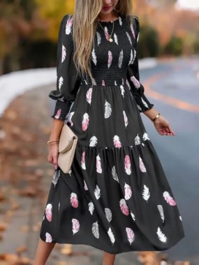 Long Sleeve Feather Print Autumn Dress