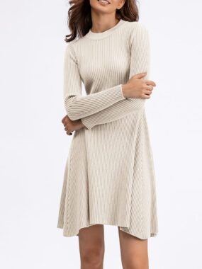 Long Sleeve Round Neck Knit Asymmetric Dress