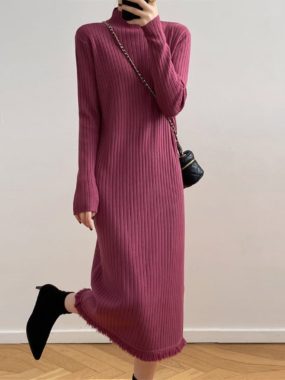High Collar Knitted Midi Swater Dress
