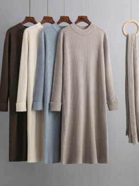 Long Sleeve Winter Knit Midi Dress with Thick Scarf