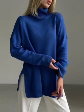 Knit Sweater with Side Slits and High Collar