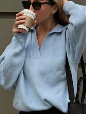 Polo Collar Solid Color Sweater