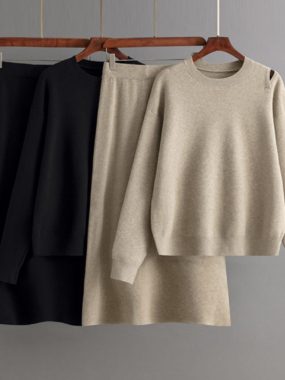 Round Neck Loose Fit Sweater with Midi Skirt