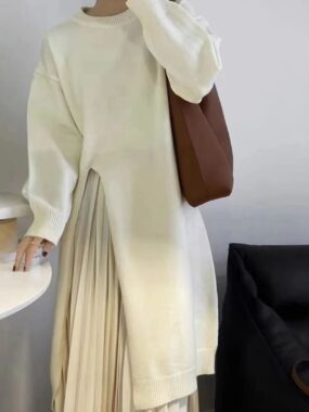 Long Round Neck Sweater with Big Side Slit