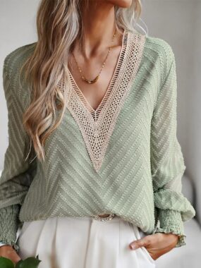 V-Neck Blouse with Lace Trim