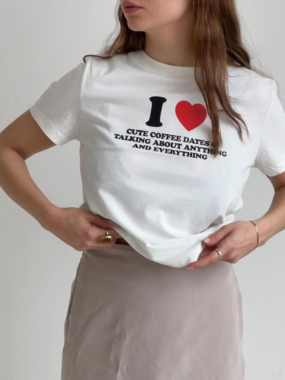 Cute Cotton Tee with I love Coffee Dates Slogan