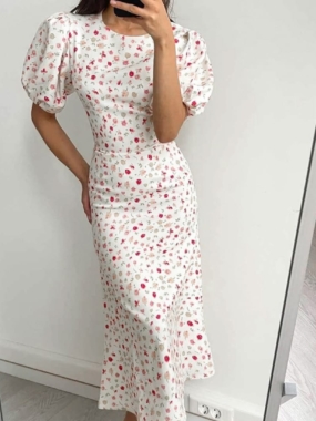 Midi Floral Fitted Dress with Puffed Sleeves