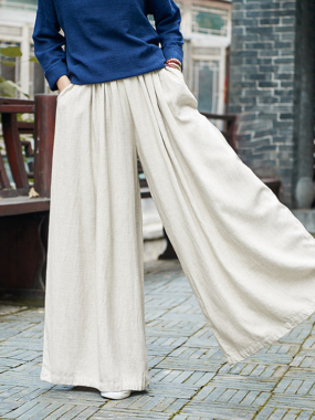 Cotton Linen Plain Wide Leg Pants
