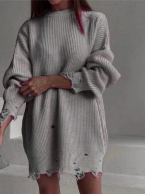 Long O-neck Loose Distressed Long Sweater