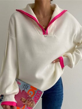 Loose Fit Zipper Lapel Collar Sweater