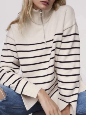 Half Zipper Turtleneck Striped Sweater