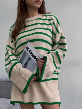 Striped Loose Fit Wide Sleeve Mid Length Sweater