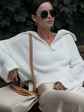 Wide Sleeves Knitted Zipper Sweater