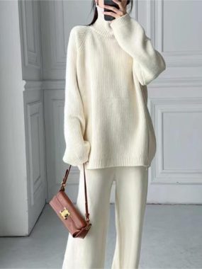 Knit Side Zipper Sweater with Loose Pants