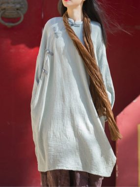 Ethnic Loose Shirt Dress with Diagonal Frog Buttons