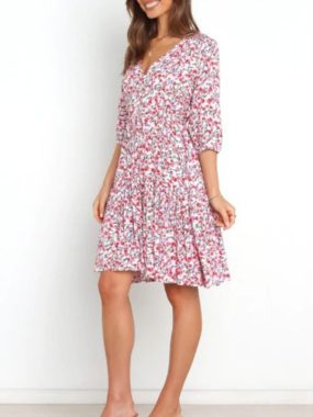 Light Colored V-neck Floral Midi Dress
