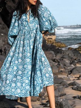 Casual Loose Fit Floral Puff Sleeve Midi Dress