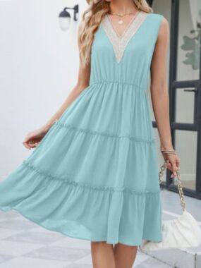 Lace V-neck Sleeveless Flouncy Midi Dress