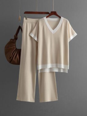 Knit V-neck T-shirt & High Waist Wide Legged Pants