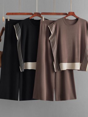 Sleeveless Striped Top with Wide Leg Knitted Pants
