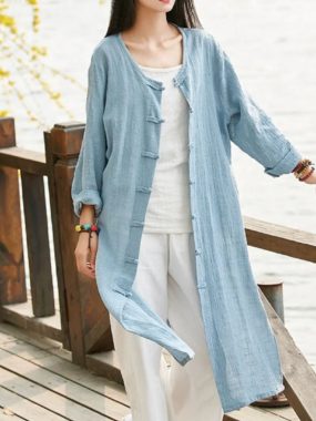 Ethnic Linen and Cotton Long Shirt with Side Slits