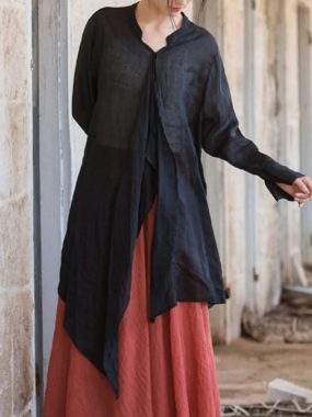 Long Sleeve Ramie Shirt with Irregular Hem