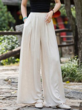 Linen and Cotton Elastic Waist Wide Legged Loose Fit Pants