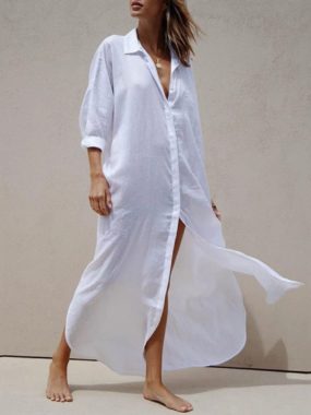 Cotton 3/4th Sleeve Beach Coverup White Shirt