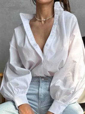 Pure Cotton Large Neckline Puffy Sleeves Loose Fit Shirt