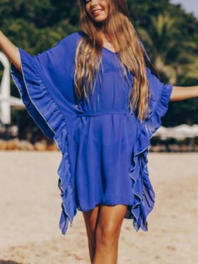 Dark Blue Chiffon Wrinkled Loose Fit Belted Beach Dress