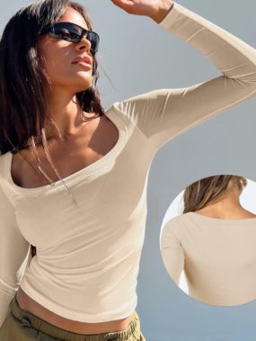 Long Sleeve U-Neck Ribbed Bodycon Top