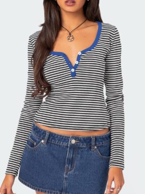 Striped V-Neck Long Sleeve Top