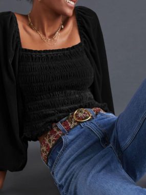 Pleated U-Neck Long Sleeve Suede Top