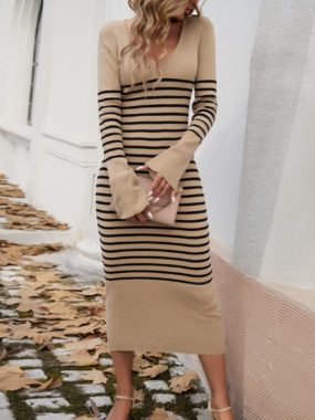 V-Neck Contrast Color Striped Knit Dress