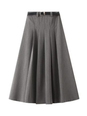 High Waist Pleated Midi Skirt with Belt
