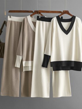 V-Neck Contrast Color Sweater and Pants
