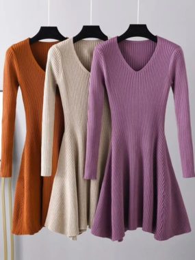 Knit V-Neck A-Line Dress