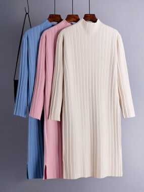 Half-High Collar Knitted Dress with Slit