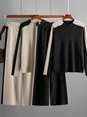 Half-High Collar Sweater Contrast Color Suit