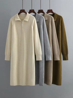 Knitted Dress with Polo Collar and Half Zipper