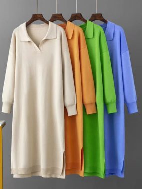 Polo Collar Knitted Long Dress